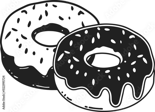 black and white illustration of two donuts with glaze and sprinkles pastry, dessert art, sweet food sketch