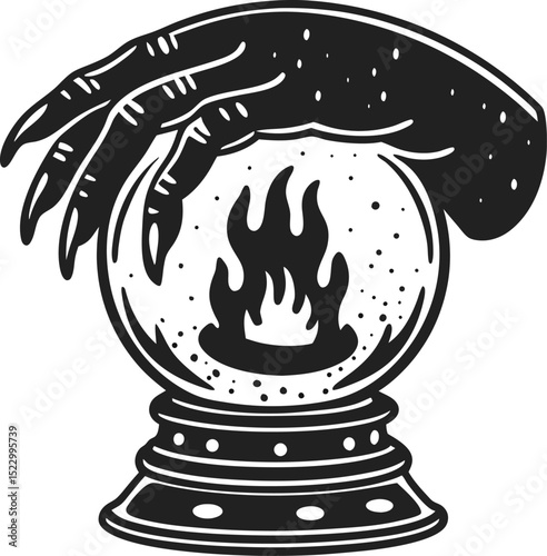 mystical hand with crystal ball, flame inside fortune telling, magic, occult symbol, divination concept illustration