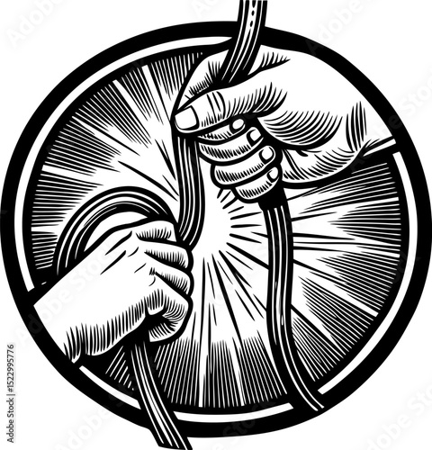 Hands pulling rope icon in engraved style, symbolizing strength, teamwork, cooperation, and unity