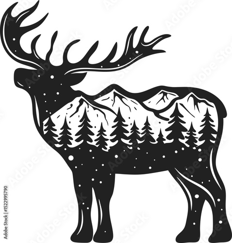 Majestic elk silhouette with mountain and pine forest landscape double exposure art