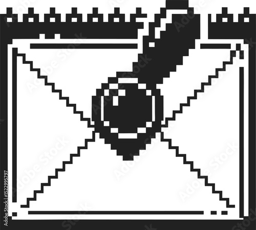 pixel art envelope with exclamation mark symbolizing urgent message black and white retro digital icon