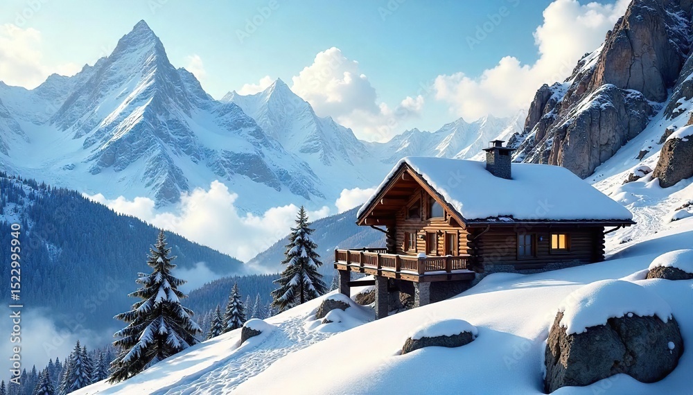 Fototapeta premium Cozy chalet nestled amidst towering snow-capped peaks, perfect for a mountain climbing adventure Imagine the breathtaking views from this idyllic retreat after a challenging climb , escape, cozy