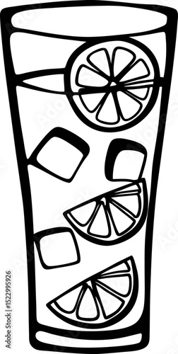 Black and white lemonade glass with ice cubes and lemon slices illustration