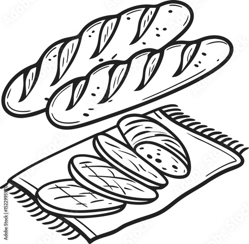 Illustration of freshly baked baguettes and sliced bread on cloth mat