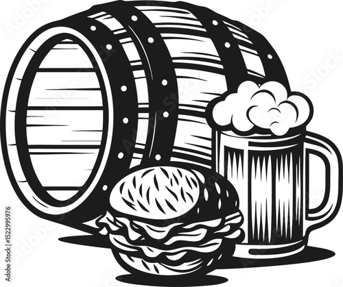 black and white illustration of beer barrel, foaming mug, and burger rustic vintage pub and brewery theme