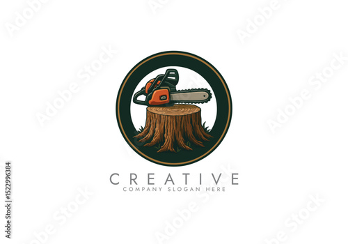 chainsaw logo tool ,Chainsaw and Tree Stump Emblem vector illustration logo design