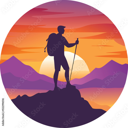 Mountain Hiker Silhouette at Sunrise on a Peak