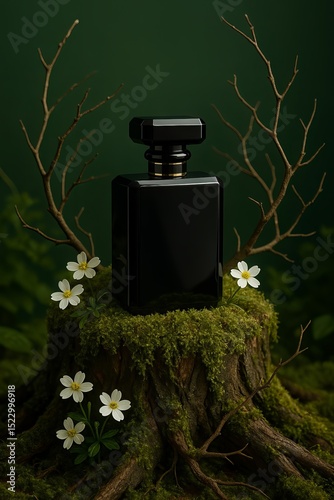 Elegant Black Perfume Bottle on Mossy Tree Stump with Delicate White Flowers and Dark Green Background