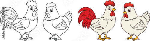 Fun cartoon chickens and roosters, two in black-and-white and two colored, vibrant farm animal characters