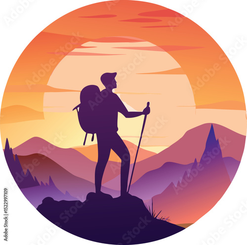 Mountain Hiker Silhouette at Sunrise on a Peak