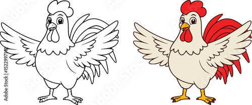 Two cartoon chickens, one in black and white and one in color with red tail, playful farm animal illustration