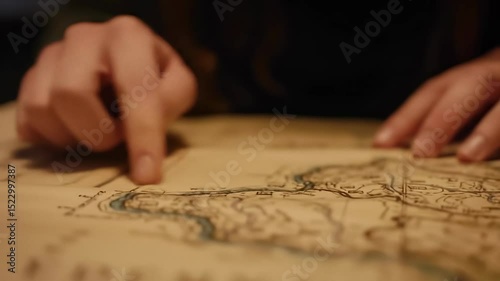 Exploring a Vintage Map: Hands Pointing on Historical Navigation                                      