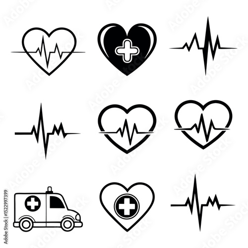 Heartbeat Medical Icons Set – ECG, Heart Line, Health Symbols Collection