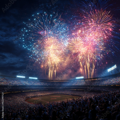 Fireworks Exploding Over Packed Baseball Stadium Under Dark Night Sky with Cheering Crowd