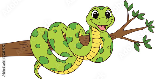 Friendly cartoon green snake with yellow stripes smiling on a leafy tree branch, playful nature illustration