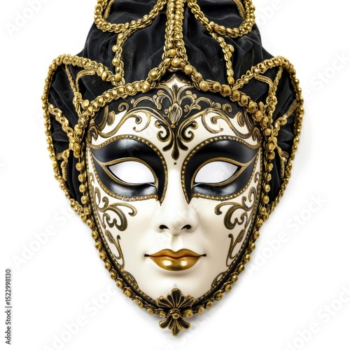 Elegant Venetian Mask with Gold Embellishments and Black Feathers on White Background