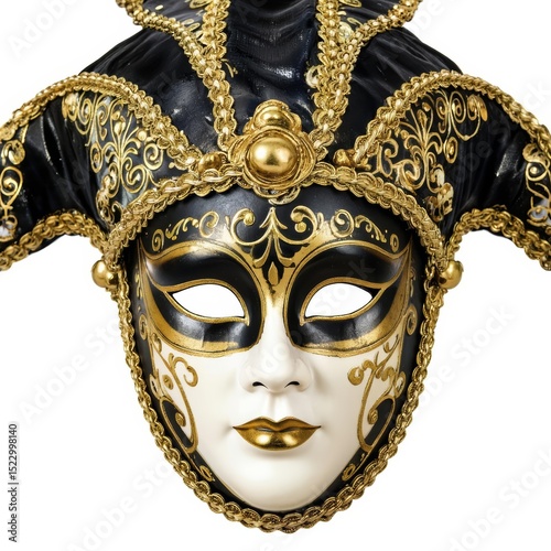 Elegant Venetian Mask with Gold Embellishments and Black Feathers on White Background