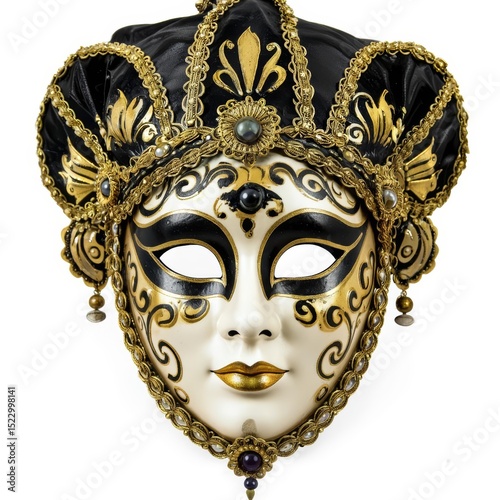 Elegant Venetian Mask with Gold Embellishments and Black Feathers on White Background