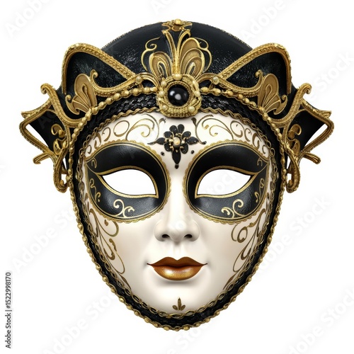 Elegant Venetian Mask with Gold Embellishments and Black Feathers on White Background