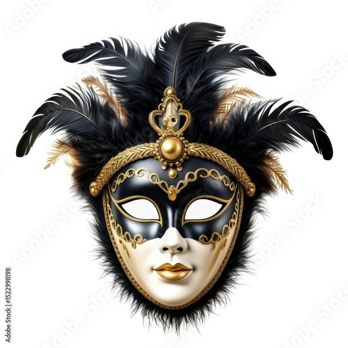 Elegant Venetian Mask with Gold Embellishments and Black Feathers on White Background