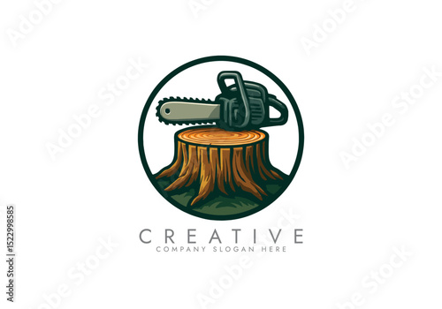 chainsaw logo tool ,Chainsaw and Tree Stump Emblem vector illustration logo design