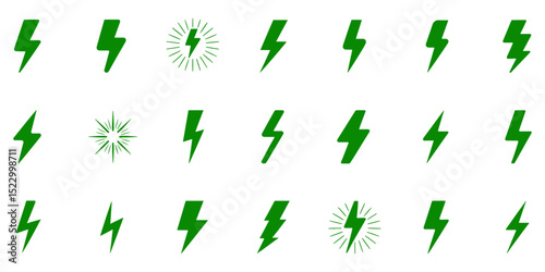 Collection of Green Lightning Bolt Icons Flash, Energy, Power Symbols for Design Projects