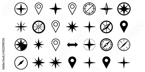 Collection of Compass, Star, and Location Icons Navigation Symbols for Design Projects