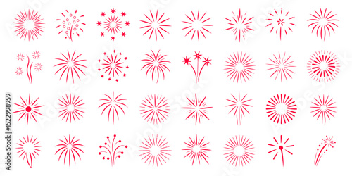 Collection of 30 Pink Fireworks Icons Vector Burst Illustrations for Celebration, Party, and Festive Designs. Ideal for Websites, Print, and Digital Projects.