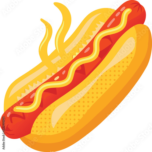 Cartoon Hot Dog with Mustard on a Bun Illustration