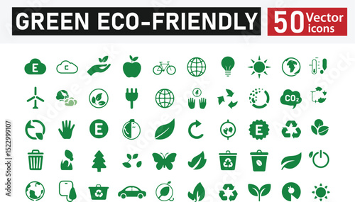 Set of 50 Green Eco-Friendly and Sustainability Icons – Includes Recycling, Nature, Renewable Energy, Climate Change, and Environmental Conservation Symbols – Vector Illustration