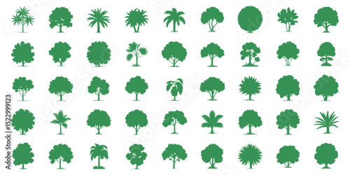 Collection of 48 Green Tree Silhouettes Diverse Foliage, Lush Canopies, and Various Tree Shapes for Design Projects