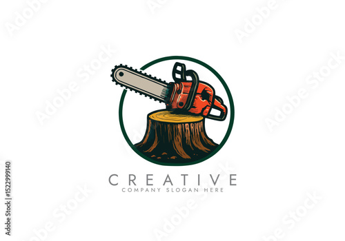 chainsaw logo tool ,Chainsaw and Tree Stump Emblem vector illustration logo design