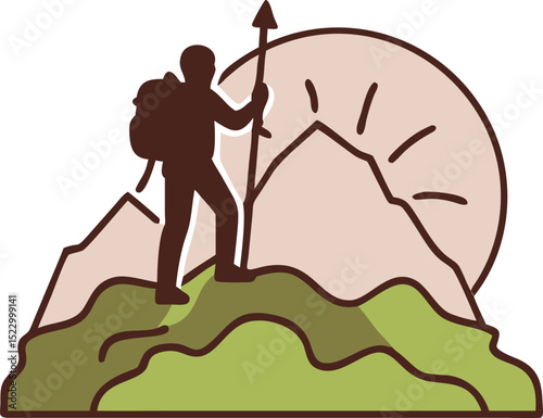 Mountain Hiker Silhouette at Sunrise on a Peak