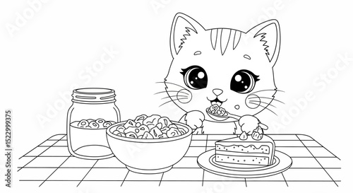 Adorable Kitten Enjoying Breakfast Cereal and Cake