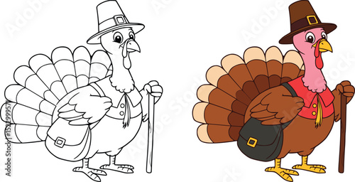 Cheerful cartoon turkeys in pilgrim hats with walking sticks and backpack festive thanksgiving illustration
