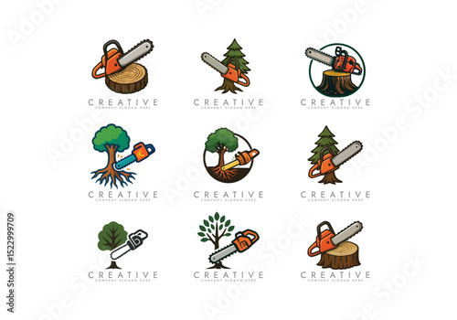 chainsaw logo tool ,Chainsaw and Tree Stump Emblem vector illustration logo design