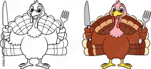 Two cheerful cartoon turkeys holding knife and fork with happy expressions for thanksgiving celebration