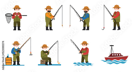 Cartoon Fishermen with Fishing Rods and a Fishing Boat Illustration