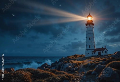 Symbolic lighthouse guiding sailors on a dark evening shore with glowing beam of light