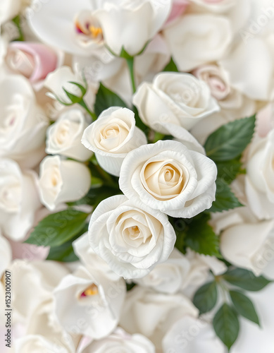 Elegant artificial white roses bouquet with soft-focus floral wallpaper featuring delicate orchid petals, perfect for Valentine's Day or wedding decor., clipart style. White tone