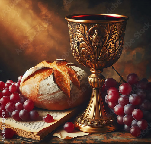 Happy Corpus Christi Catholic Religious Holiday celebration with Bread, Wine and Grapes 