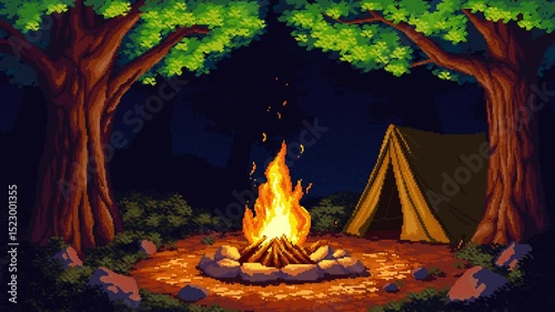 Animated pixel art of a night campsite with a glowing campfire and subtle light flickering on surroundings. Seamless loop with atmospheric mood. Ideal for game backgrounds or interfaces.