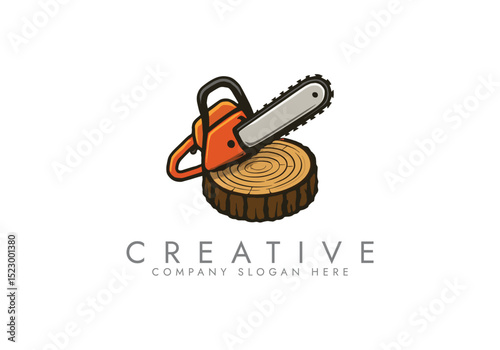 chainsaw logo tool ,Chainsaw and Tree Stump Emblem vector illustration logo design