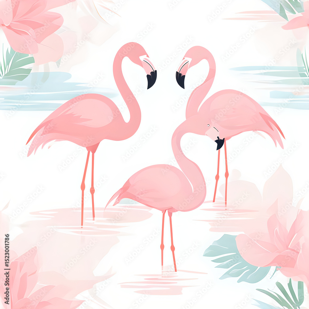Fototapeta premium Two pink flamingos form a romantic silhouette in the wild, tropical water