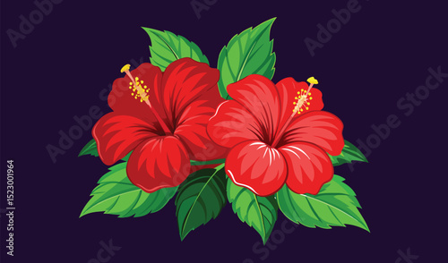 Two vibrant red hibiscus flowers with lush green leaves