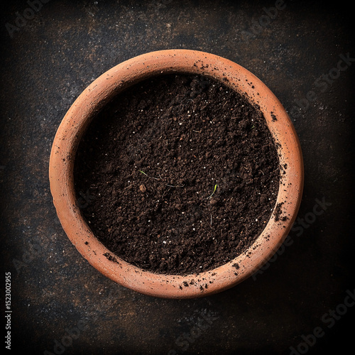 Top down view of a terracotta pot filled with rich soil and hints of new growth symbolizing the start of a new life or planting a new plant