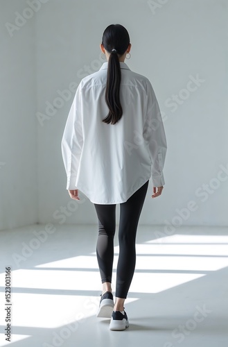 Korean model, full body, back view walking towards light, oversized white shirt, black leggings, minimalist white studio, silhouette elegance, soft backlight.