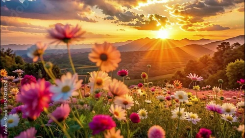 Flowers on wildflowers field during sunrise painting on canvas. Beautiful natural landscape in summer time modern artwork