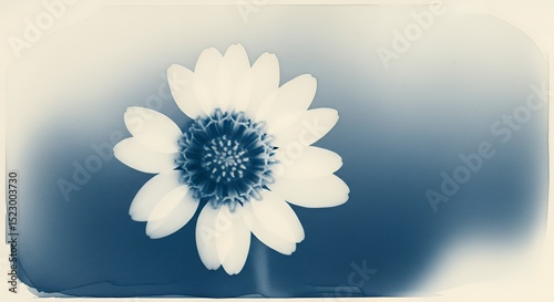 Cyanotype of a Delicate White Flower with Blue Center