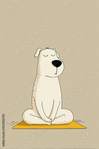 Cartoon illustration of a cute dog sitting in lotus meditation pose on a yoga mat, representing mindfulness, relaxation, inner peace, and emotional calm in a humorous and lighthearted style